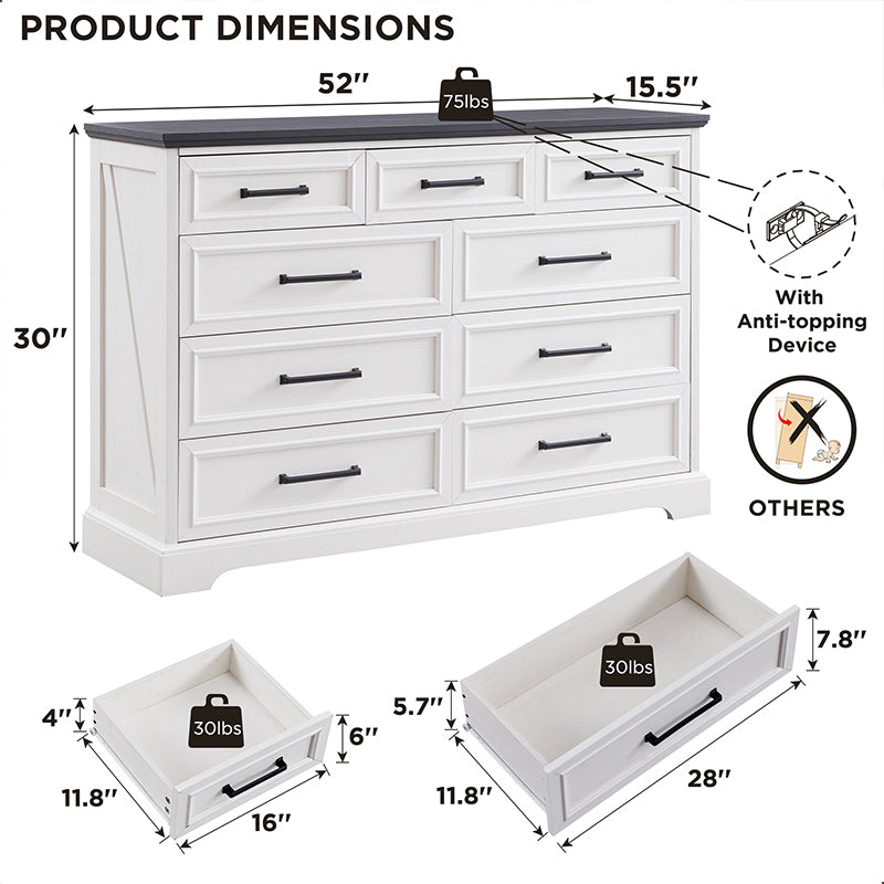 JXQTLINGMU 36 inch Farmhouse 9 Drawer Double Dresser