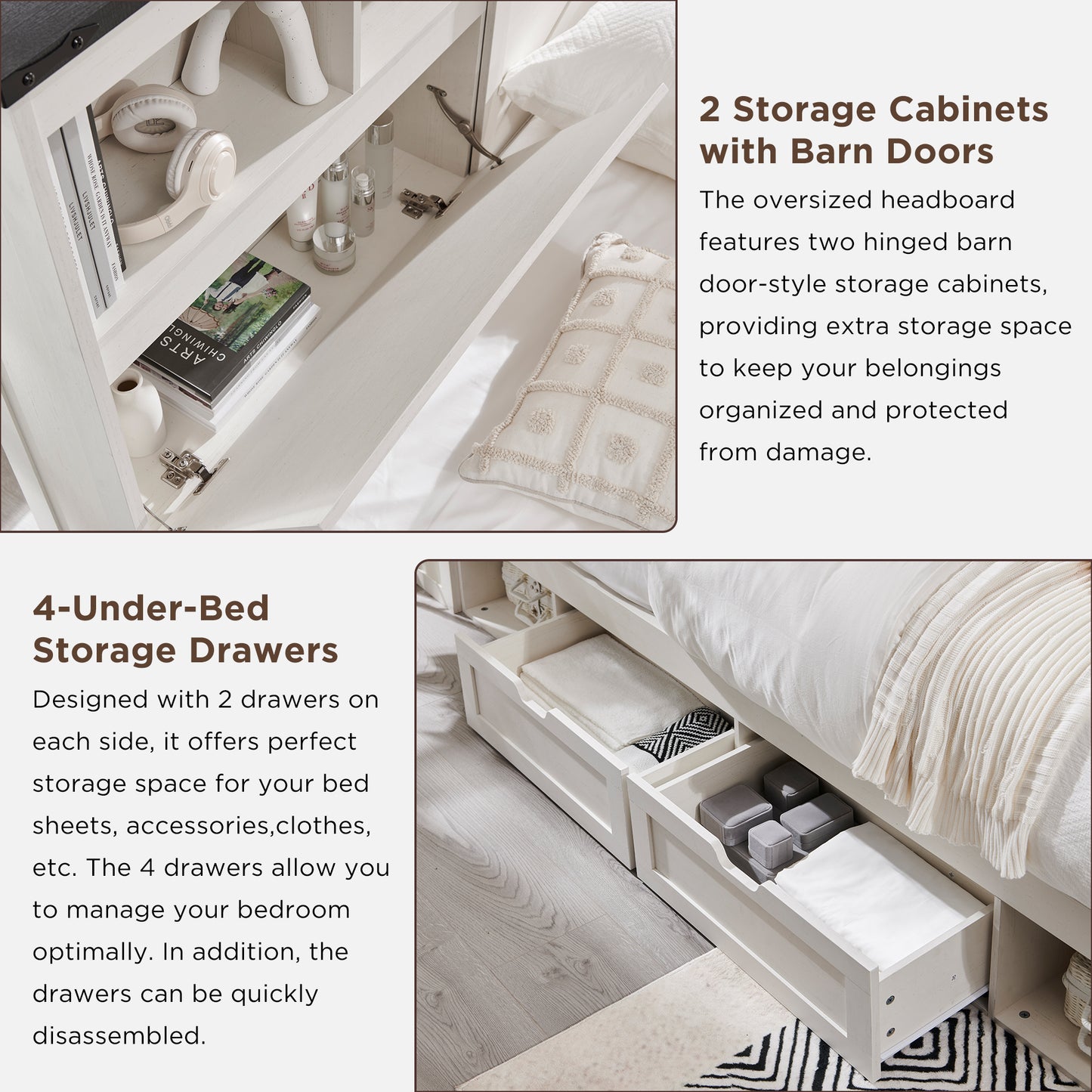 ACCOHOHO Farmhouse King Size Bed with 4 Drawers, Platform Storage Bed Frame with 52" Wooden Bookcase Headboard and LED Light