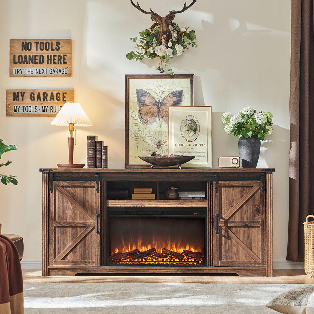 JXQTLINGMU Farmhouse Fireplace TV Stand for 80 Inch TV, 32" Tall Entertainment Center w/Drawer & Sliding Barn Door