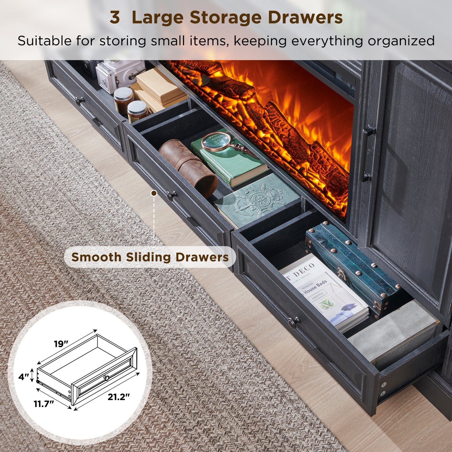 T4TREAM Farmhouse 70" Fireplace TV Stand for TVs up to 80", Entertainment Center W/36" Electric Fireplace Highboy Media Console with Large Storage Cabinets and Drawers for Living Room