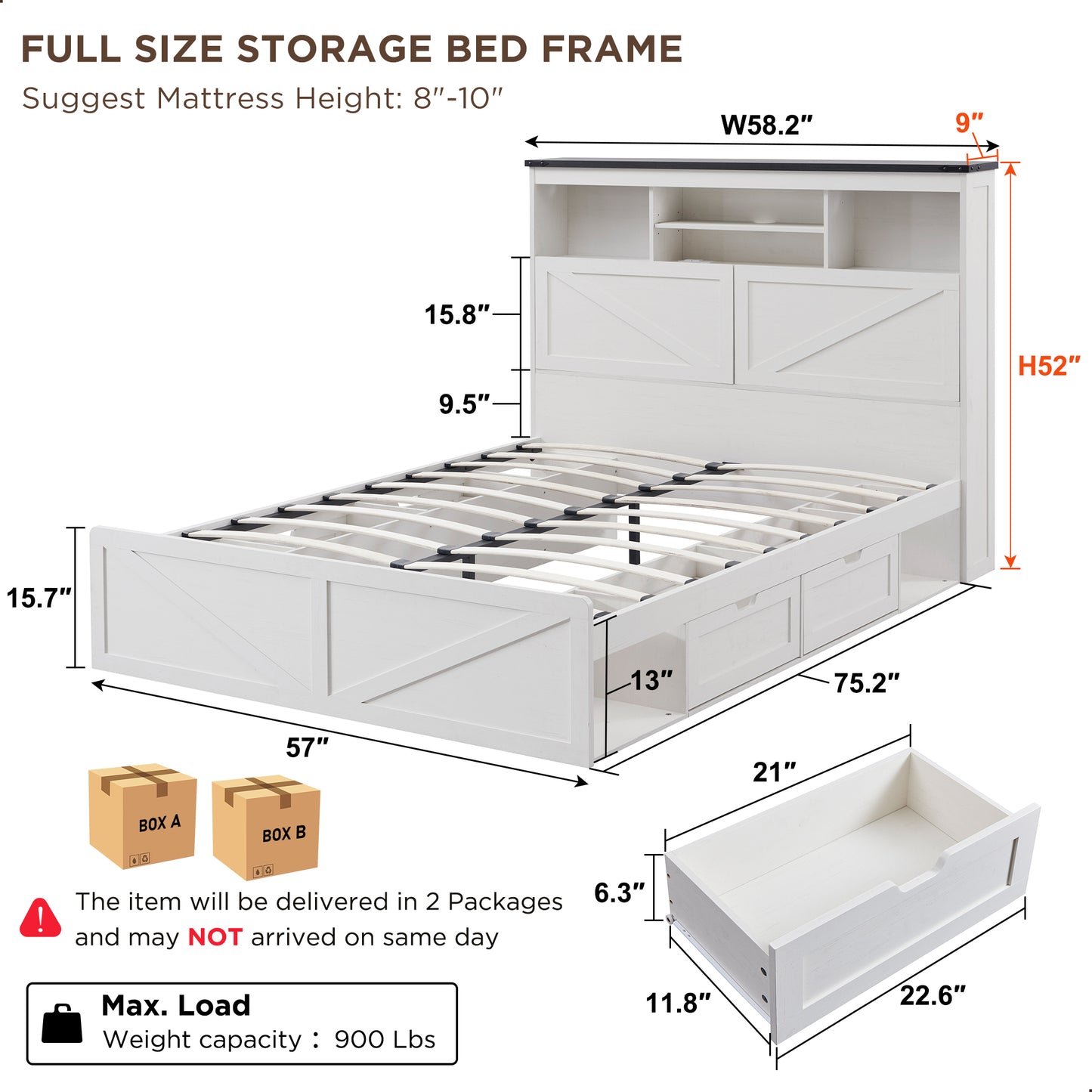 ACCOHOHO Farmhouse King Size Bed with 4 Drawers, Platform Storage Bed Frame with 52" Wooden Bookcase Headboard and LED Light