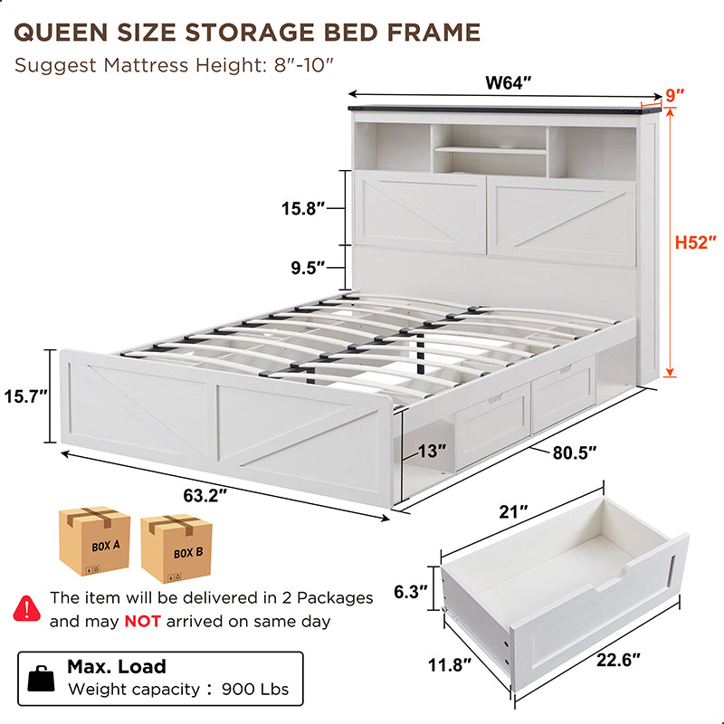 JXQTLINGMU Farmhouse Queen Size Wood Bed Frame Bookcase Headboard LED Light Charging Station