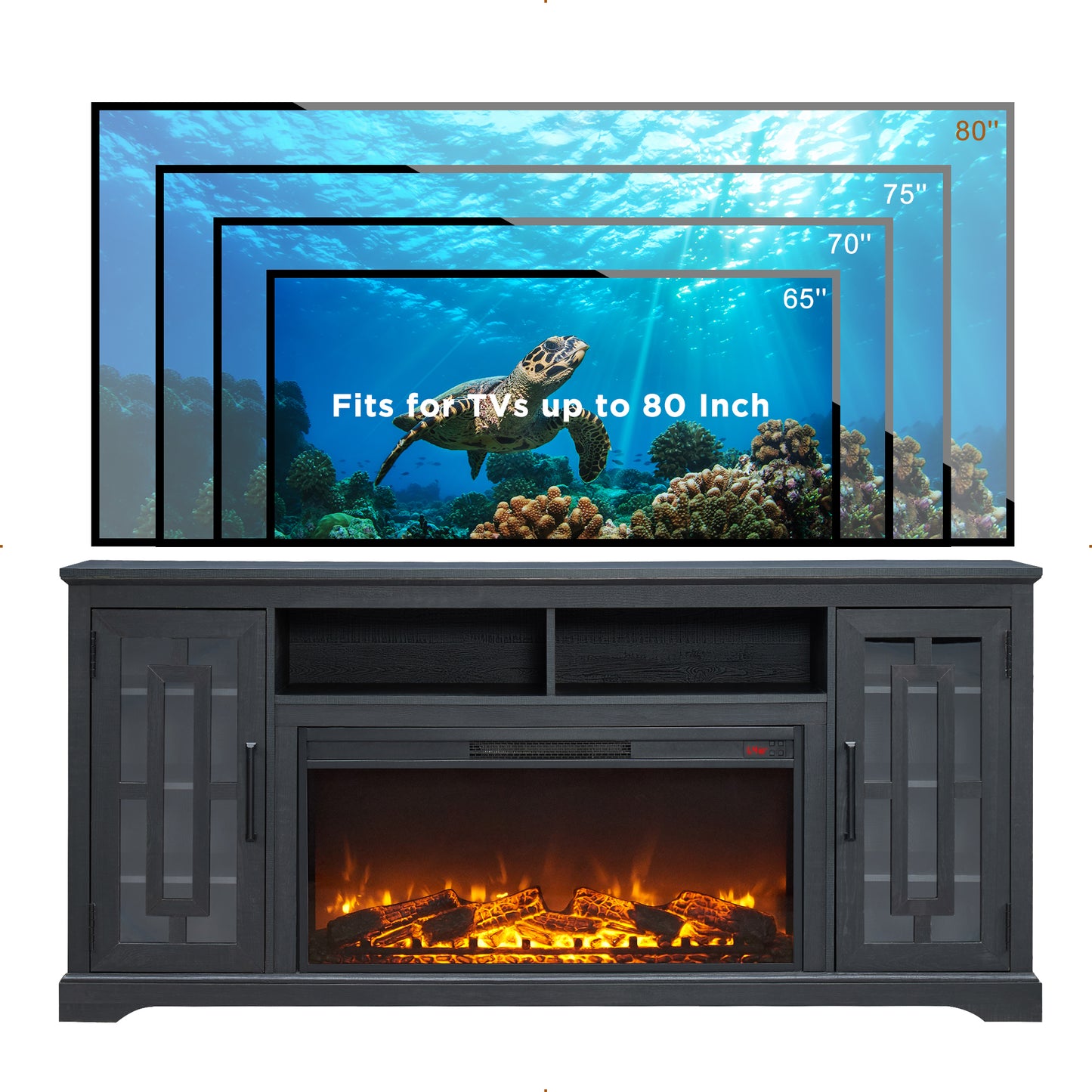 T4TREAM 70" Fireplace TV Stand for 75 80 inch TV, Farmhouse Highboy Entertainment Center for Living Room, Black