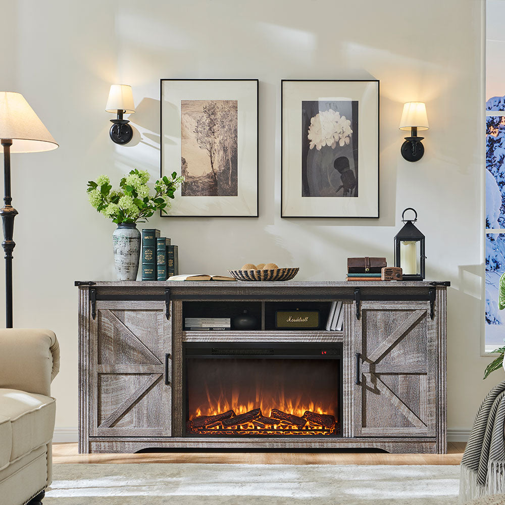 JXQTLINGMU Farmhouse Fireplace TV Stand for 80 Inch TV, 32" Tall Entertainment Center w/Drawer & Sliding Barn Door
