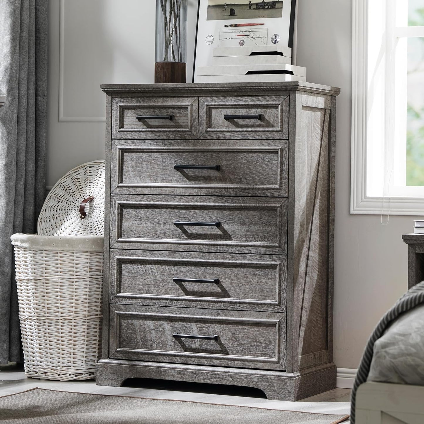 6 Drawer Dresser for Bedroom, Farmhouse 46" High Wooden Country Style Drawer Chest, Wide Metal Handle Pull-out Storage Cabinet