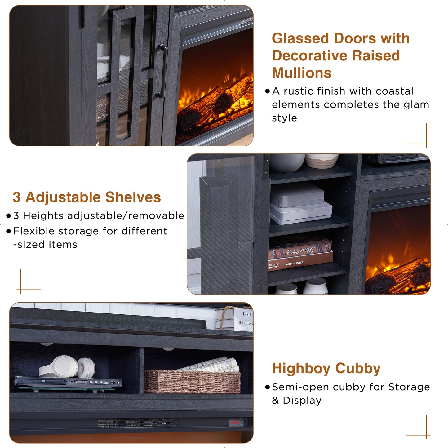 T4TREAM 70" Fireplace TV Stand for 75 80 inch TV, Farmhouse Highboy Entertainment Center for Living Room, Black