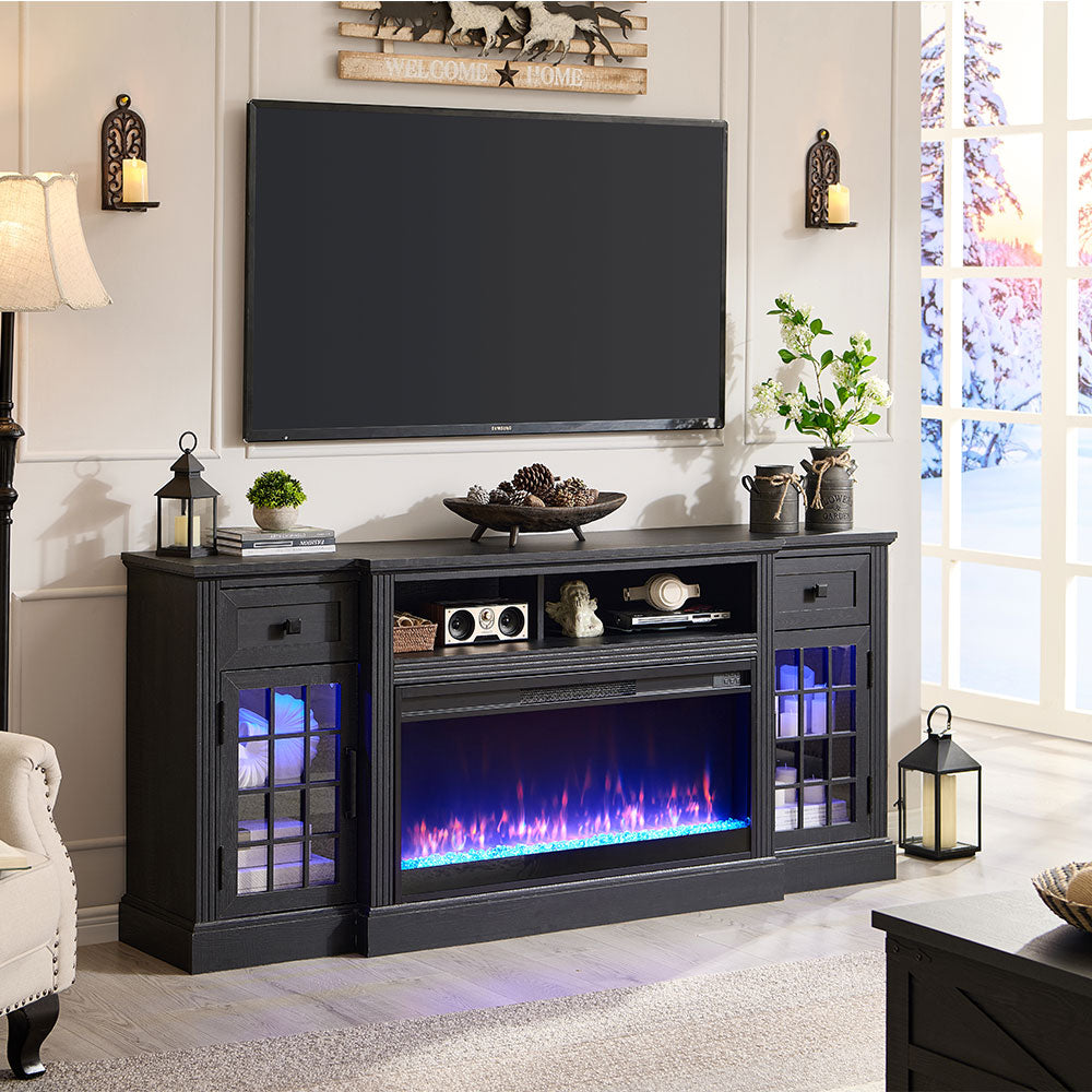JXQTLINGMU Fireplace TV Stand for 80 Inch TV, Farmhouse Highboy Entertainment Center w/LED Lights & 36" Electric Fireplace