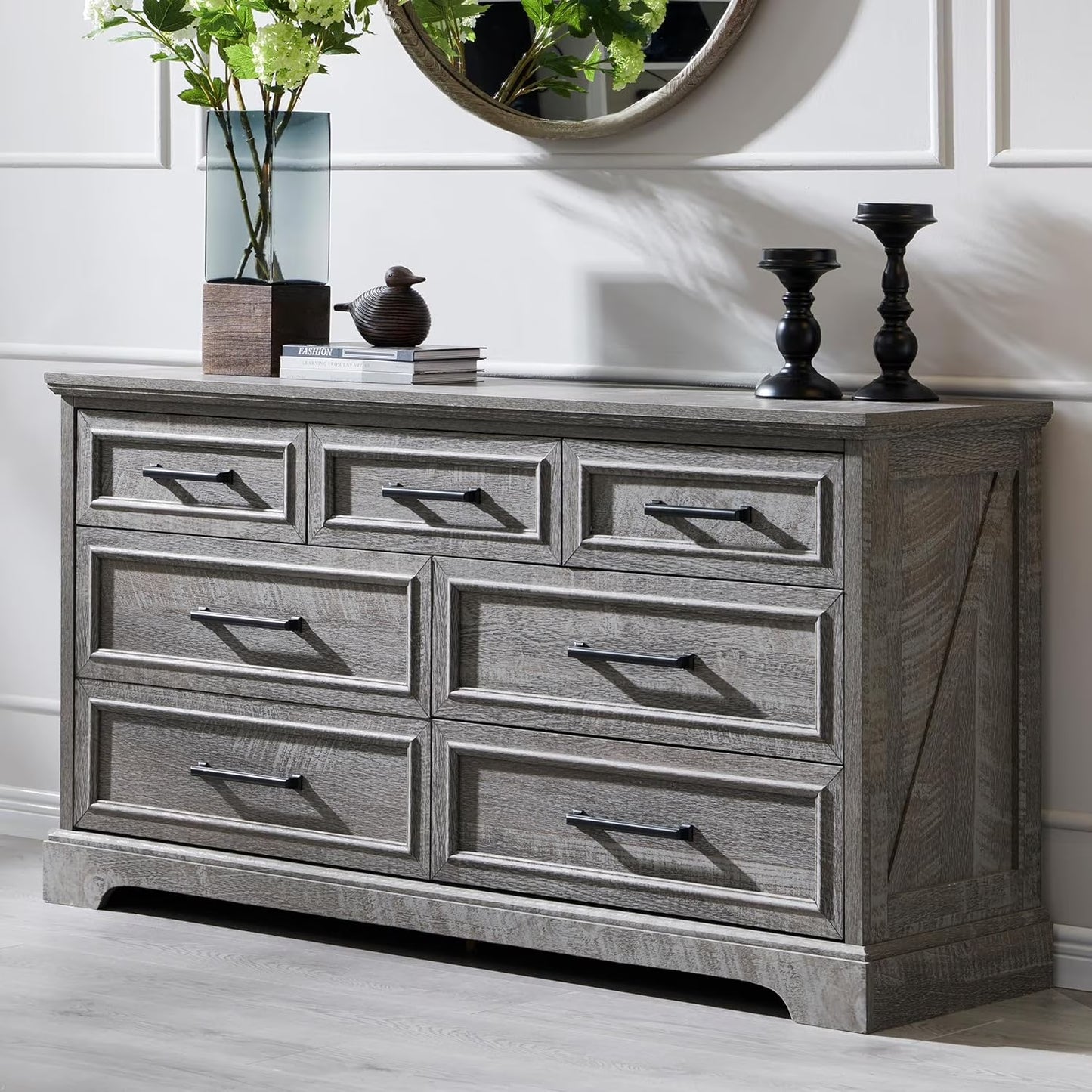 ACCOHOHO 7 Drawer Dresser for Bedroom, Farmhouse Rustic Wood Dresser Chest of Wide Drawers for Living Room