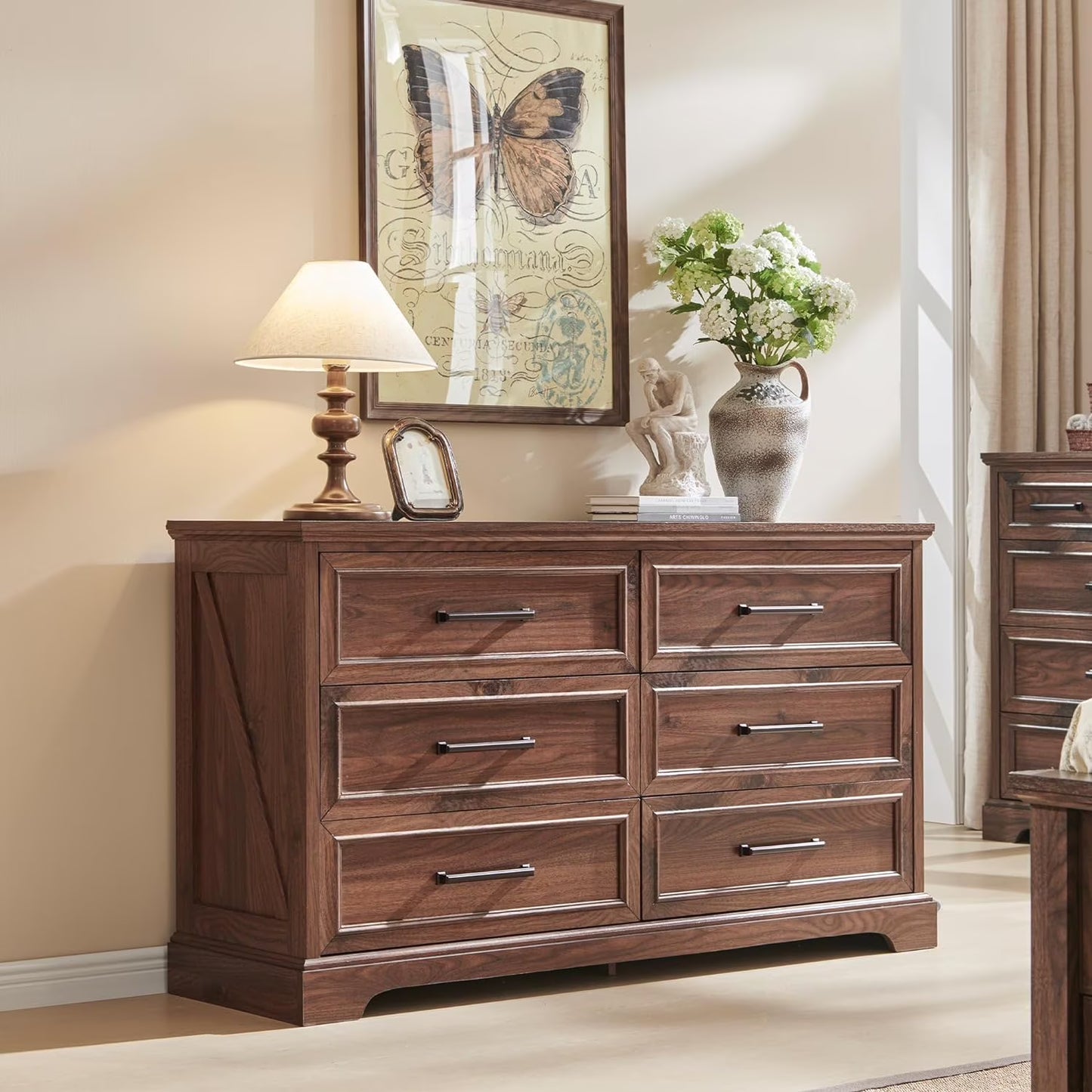 ACCOHOHO Farmhouse 6 Drawer Dresser, Rustic Wood Dresser Chest of Drawers for Bedroom,52'' Wide TV Stand with Large Drawers for Living Room
