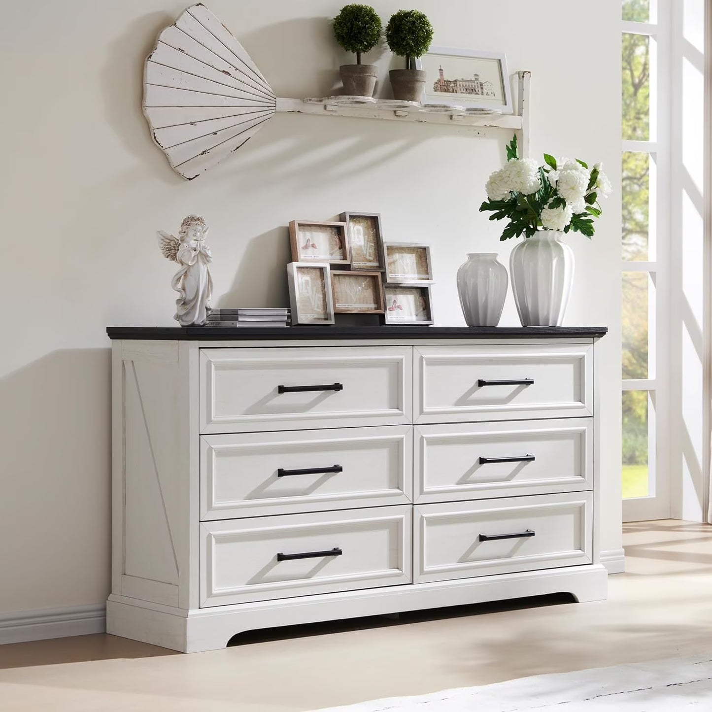 ACCOHOHO Farmhouse 6 Drawer Dresser, Rustic Wood Dresser Chest of Drawers for Bedroom,52'' Wide TV Stand with Large Drawers for Living Room