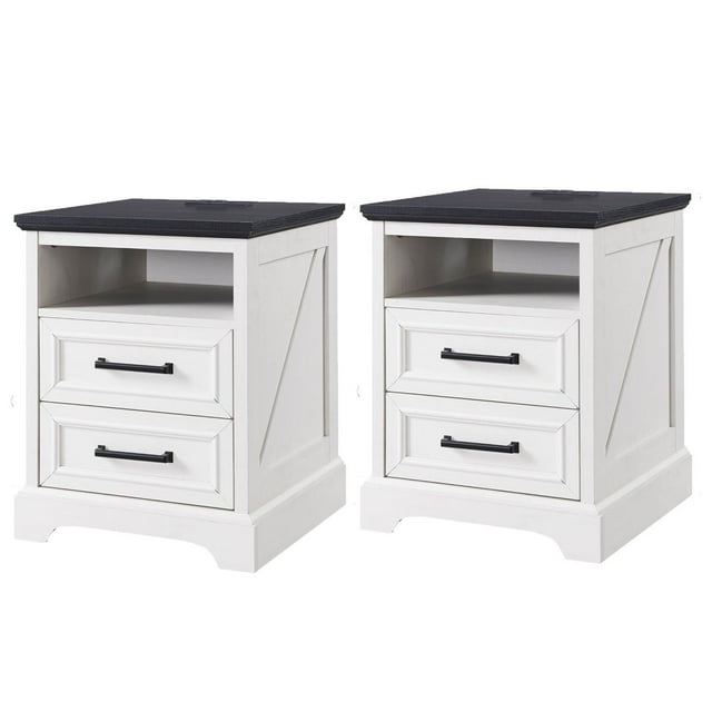 Nightstands Set of 2 with Charging Station, Rustic End Table with 2 Drawers Farmhouse Side Table with 3-tier Storage Space Bedside Cabinet for Bedroom Living Room,White