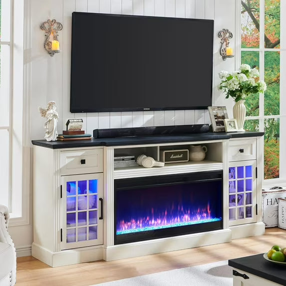 T4TREAM Fireplace 70" TV Stand for TVs up to 80", Farmhouse Highboy Entertainment Center with LED Lights & 36" Electric Fireplace