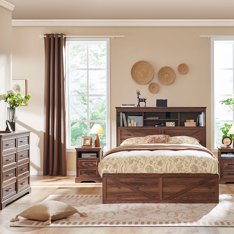 JXQTLINGMU Farmhouse Queen Size Wood Bed Frame Bookcase Headboard LED Light Charging Station