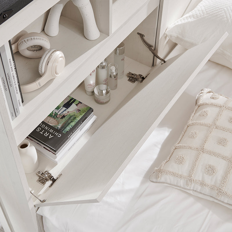 JXQTLINGMU Farmhouse Queen Size Wood Bed Frame Bookcase Headboard LED Light Charging Station