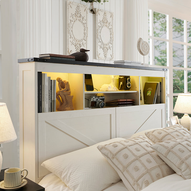 JXQTLINGMU Farmhouse Queen Size Wood Bed Frame Bookcase Headboard LED Light Charging Station