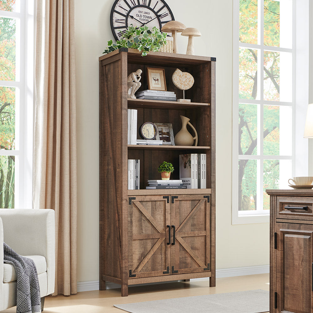 JXQTLINGMU 70 inch Farmhouse Bookcase with Doors, 5 Tier Large Bookshelf with Storage, Barn Door Kitchen Pantry