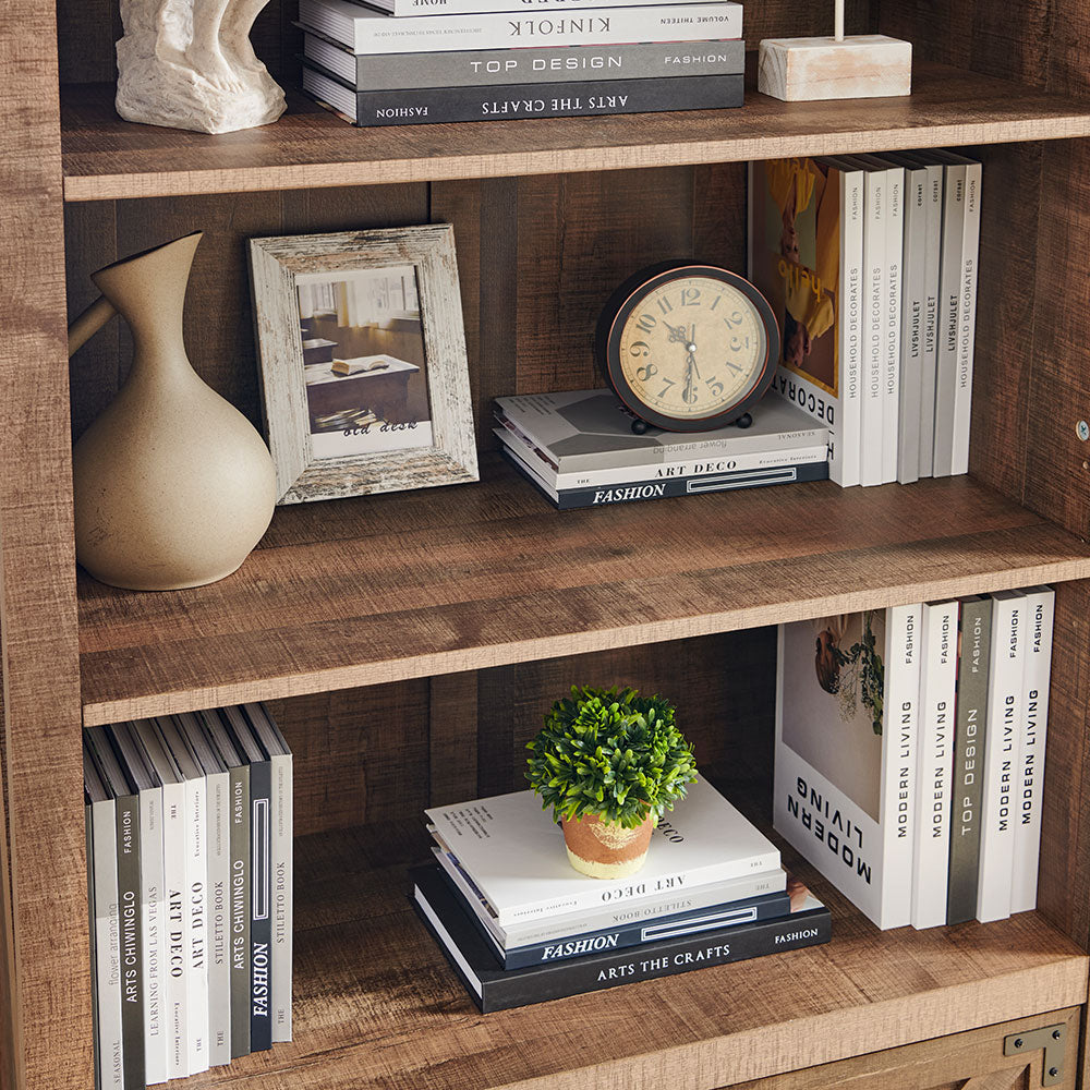 JXQTLINGMU 70 inch Farmhouse Bookcase with Doors, 5 Tier Large Bookshelf with Storage, Barn Door Kitchen Pantry