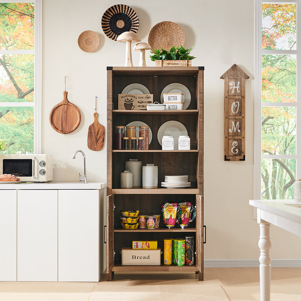 JXQTLINGMU 70 inch Farmhouse Bookcase with Doors, 5 Tier Large Bookshelf with Storage, Barn Door Kitchen Pantry