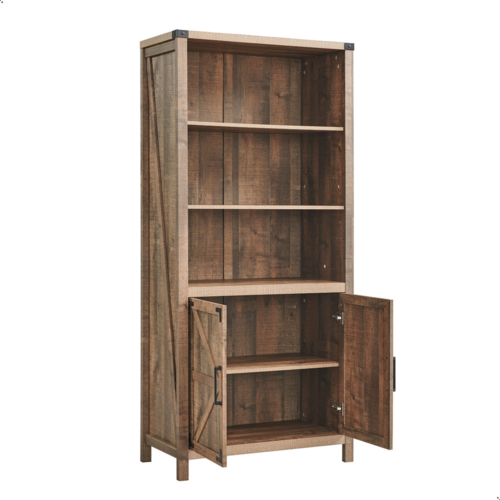 JXQTLINGMU 70 inch Farmhouse Bookcase with Doors, 5 Tier Large Bookshelf with Storage, Barn Door Kitchen Pantry