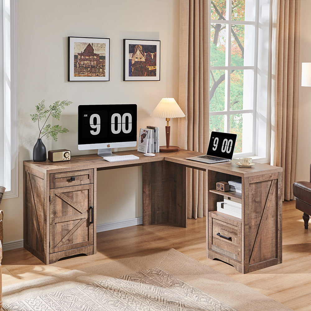 JXQTLINGMU L Shaped Desk, Corner Computer Desk with File Drawer & Charging Station