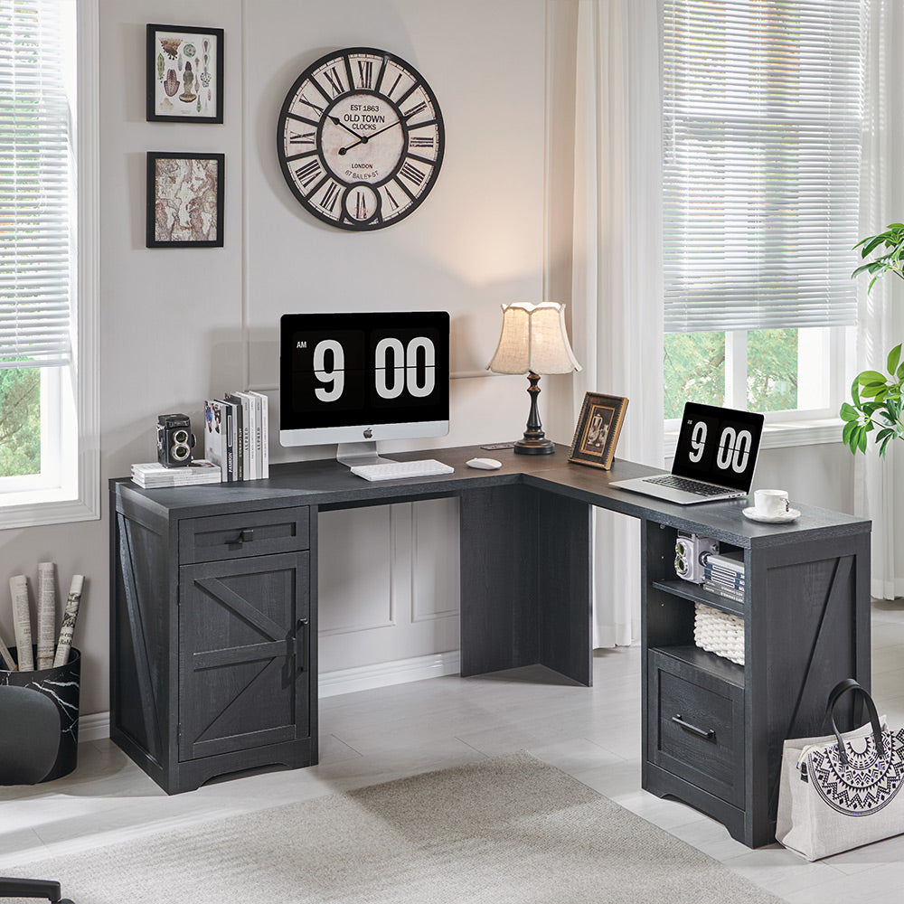 JXQTLINGMU L Shaped Desk, Corner Computer Desk with File Drawer & Charging Station