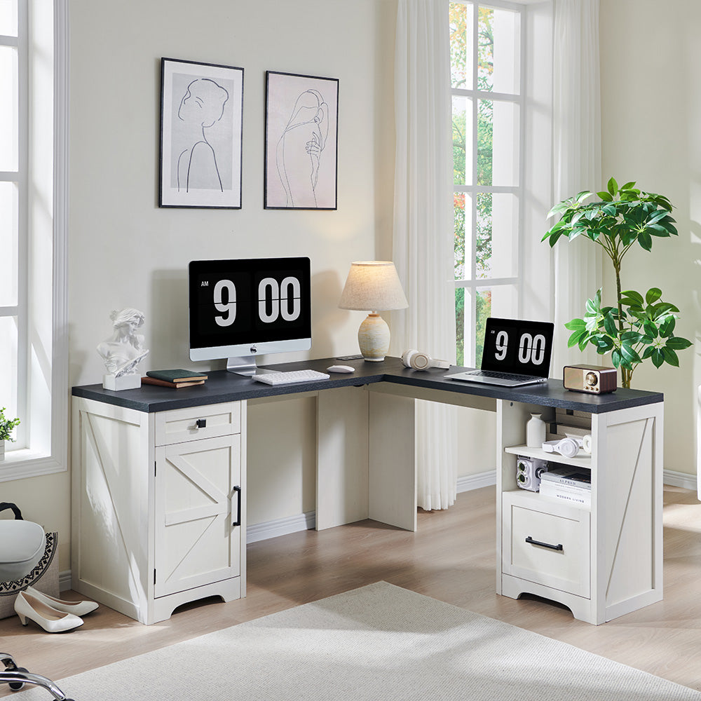 JXQTLINGMU L Shaped Desk, Corner Computer Desk with File Drawer & Charging Station