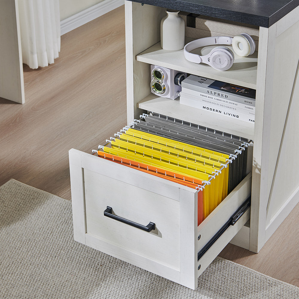JXQTLINGMU L Shaped Desk, Corner Computer Desk with File Drawer & Charging Station