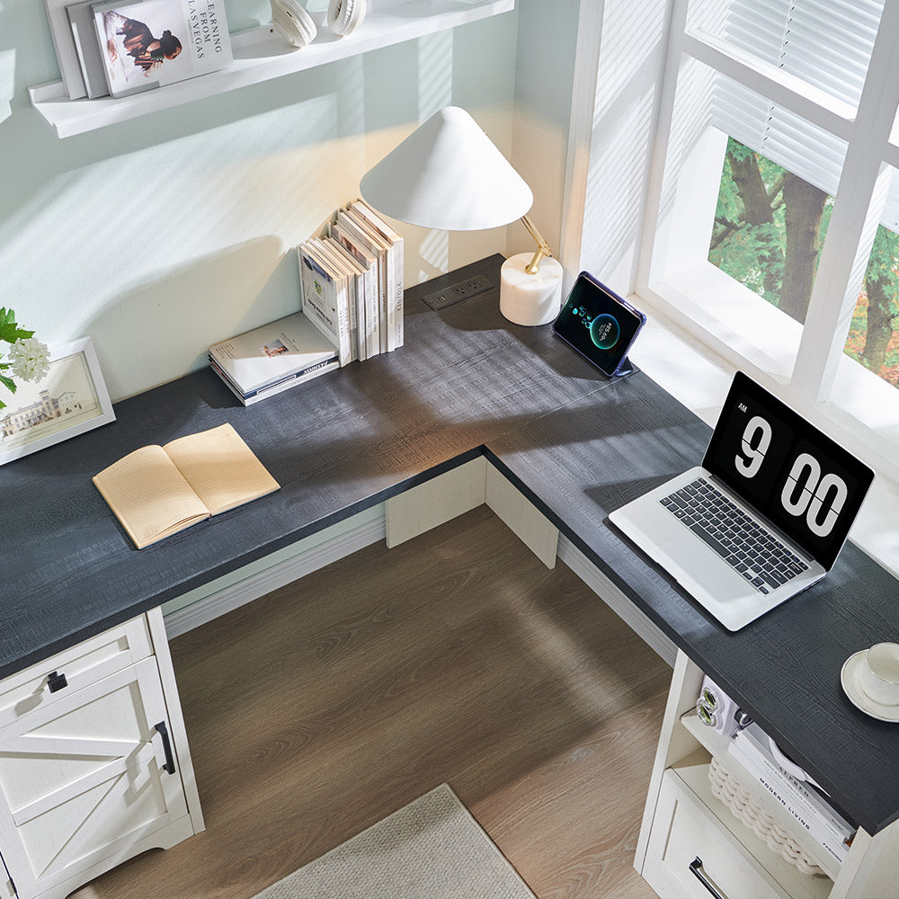 JXQTLINGMU L Shaped Desk, Corner Computer Desk with File Drawer & Charging Station