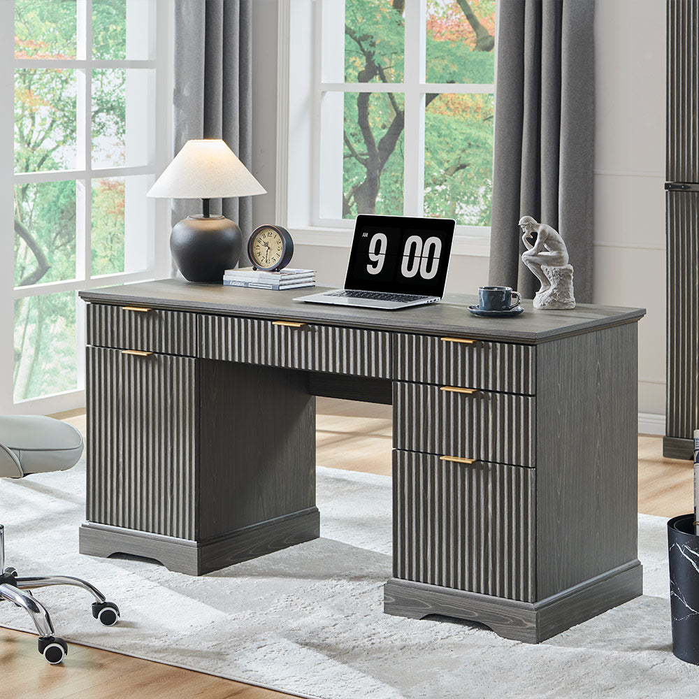 JXQTLINGMU 60 inch Fluted Executive Desk with Storage, Wood Home Office Desk