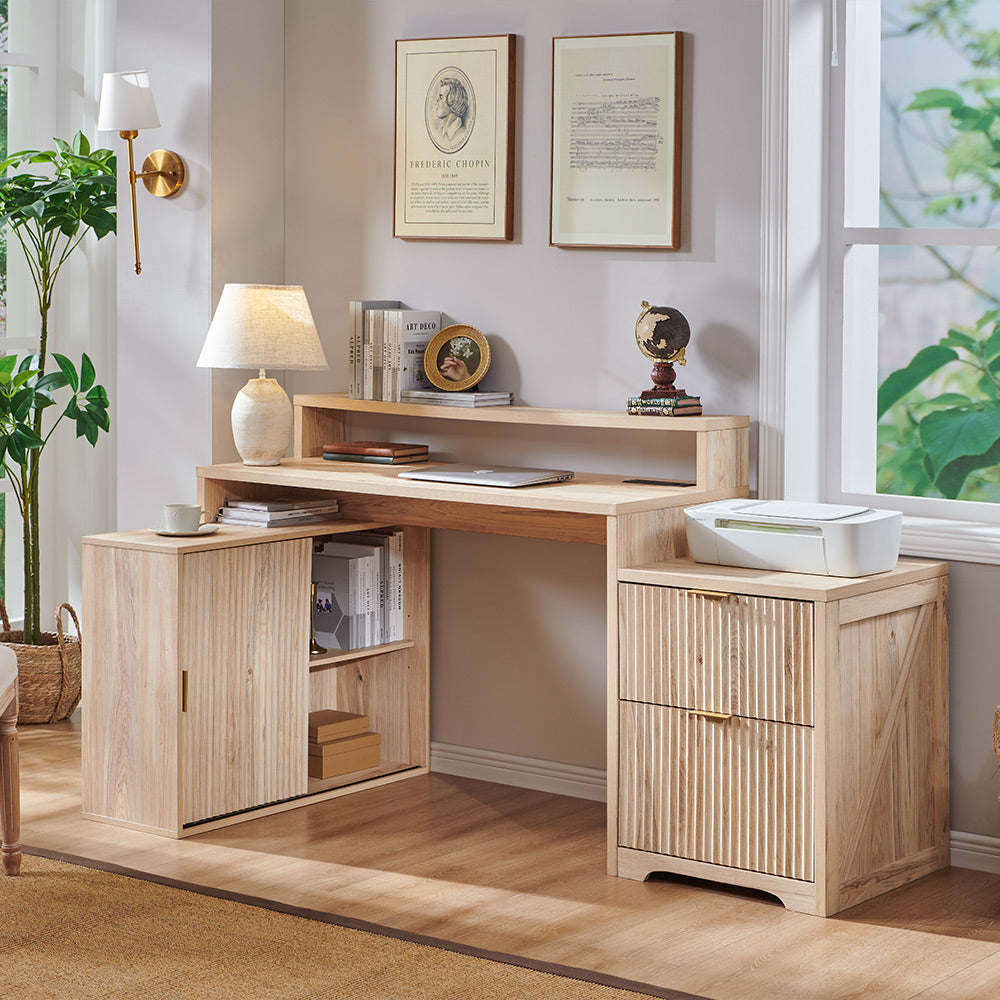 JXQTLINGMU 67 inch Fluted Modern L Shaped Desk with Storage Cabinet & Drawers