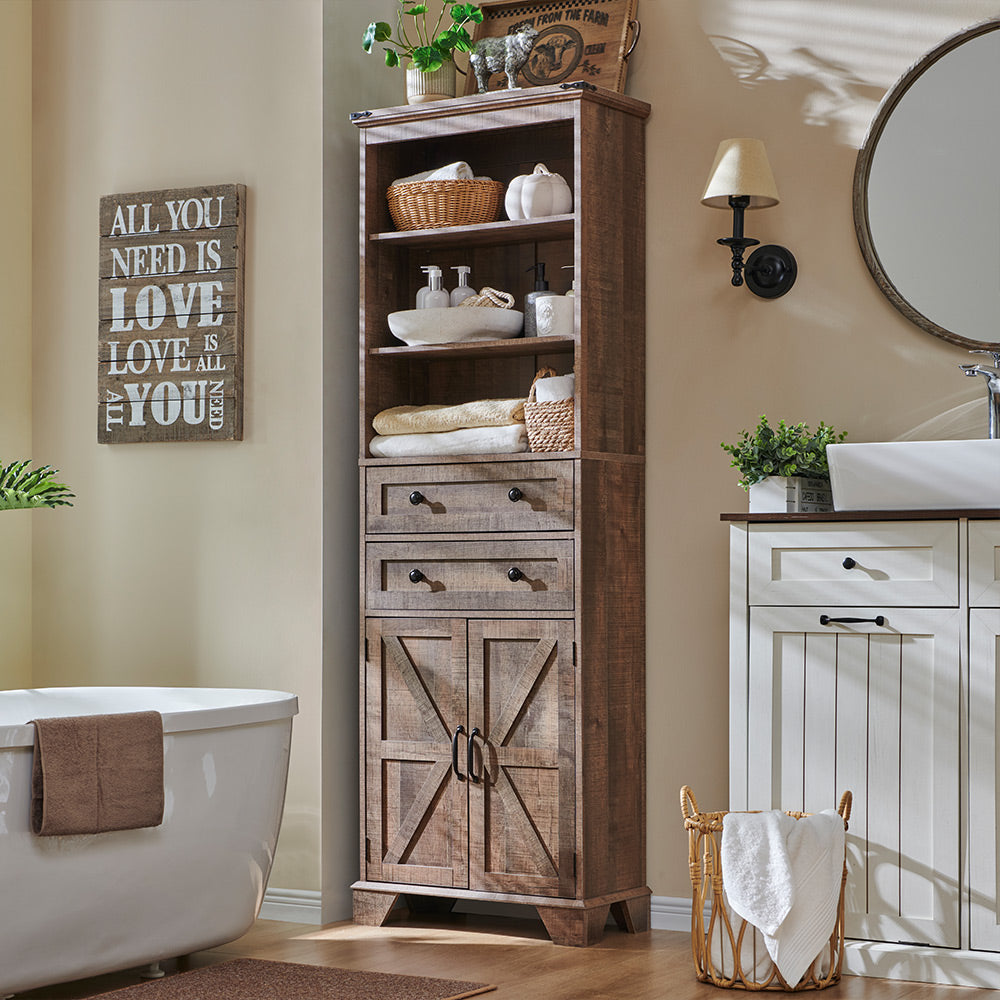 Farmhouse Bathroom Cabinet, 72 inch Tall Bathroom Storage Cabinet with 2 Drawers