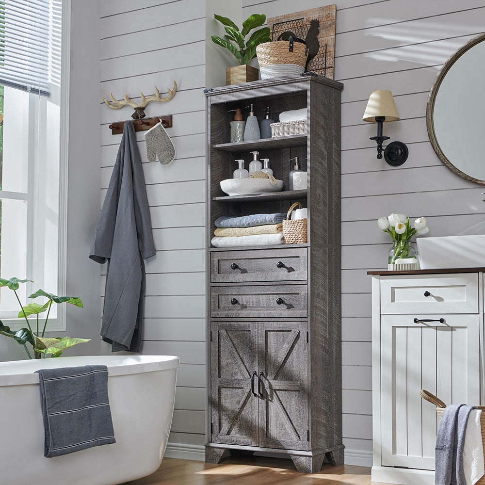Farmhouse Bathroom Cabinet, 72 inch Tall Bathroom Storage Cabinet with 2 Drawers