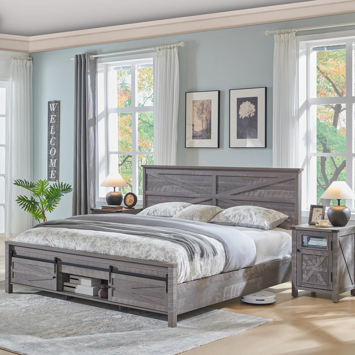 T4TREAM Farmhouse King Size Platform Bed Frame with Headboard and 3 Barn Door Storage Cabinets