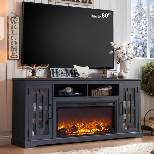 T4TREAM 70" Fireplace TV Stand for 75 80 inch TV, Farmhouse Highboy Entertainment Center for Living Room, Black