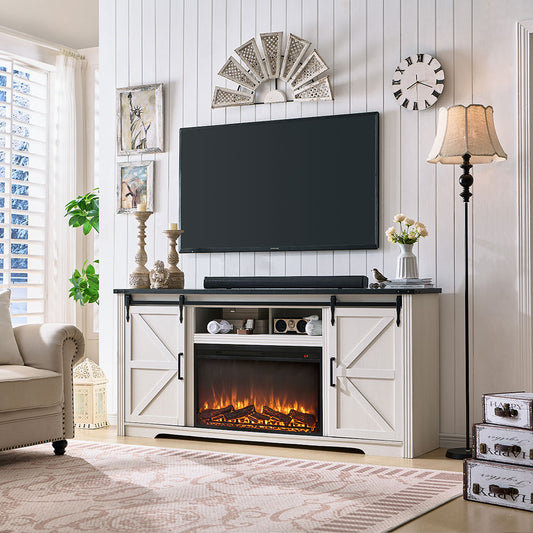 JXQTLINGMU Farmhouse Fireplace TV Stand for 80 Inch TV, 32" Tall Entertainment Center w/Drawer & Sliding Barn Door