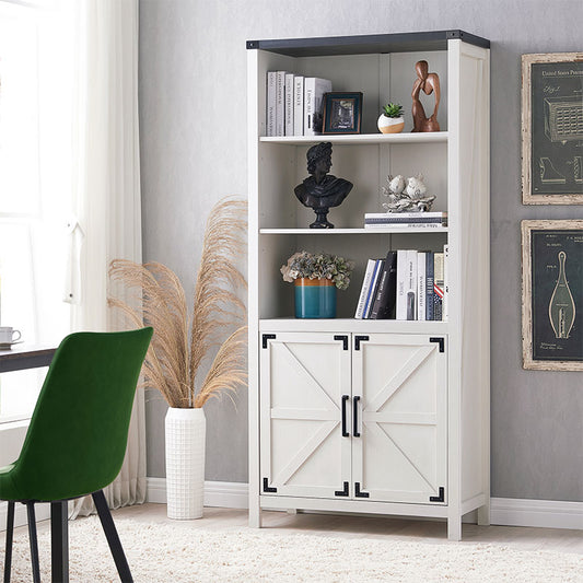 JXQTLINGMU 70 inch Farmhouse Bookcase with Doors, 5 Tier Large Bookshelf with Storage, Barn Door Kitchen Pantry