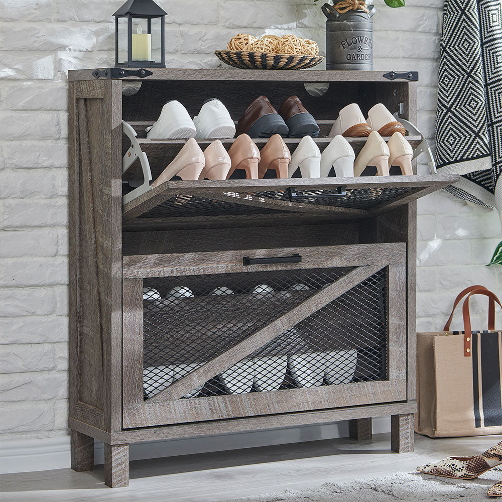 JXQTLINGMU Shoe Cabinet with 2 Flip Drawers, Farmhouse Shoe Storage Cabinet with Mesh Doors and Adjustable Shelves