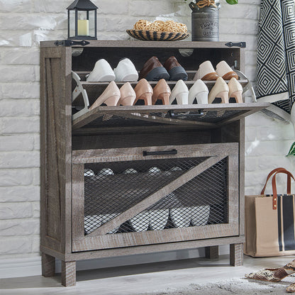 JXQTLINGMU Shoe Cabinet with 2 Flip Drawers, Farmhouse Shoe Storage Cabinet with Mesh Doors and Adjustable Shelves