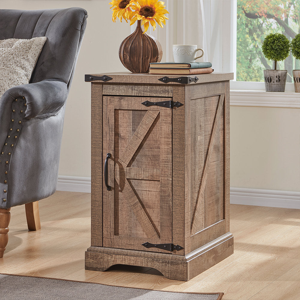 JXQTLINGMU Rectangular Farmhouse Nightstand with Charging Station, Farmhouse End Table with Barn Door
