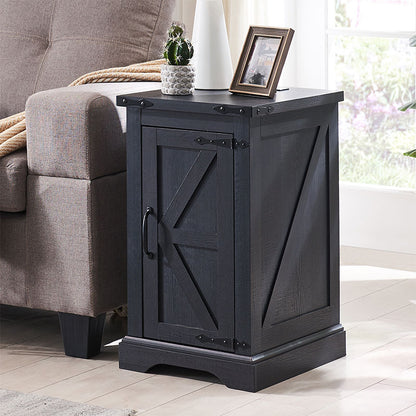 JXQTLINGMU Rectangular Farmhouse Nightstand with Charging Station, Farmhouse End Table with Barn Door