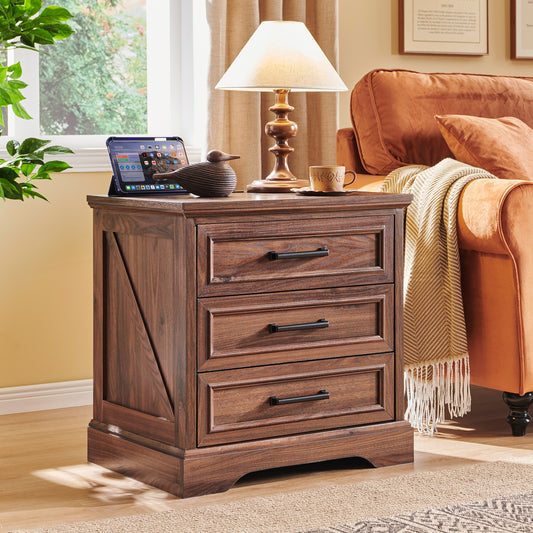 Rustic 3 Drawers Nightstand with Charging Station, 24" Wide Wood Farmhouse Night Stand with Drawers for Bedroom, Living Room