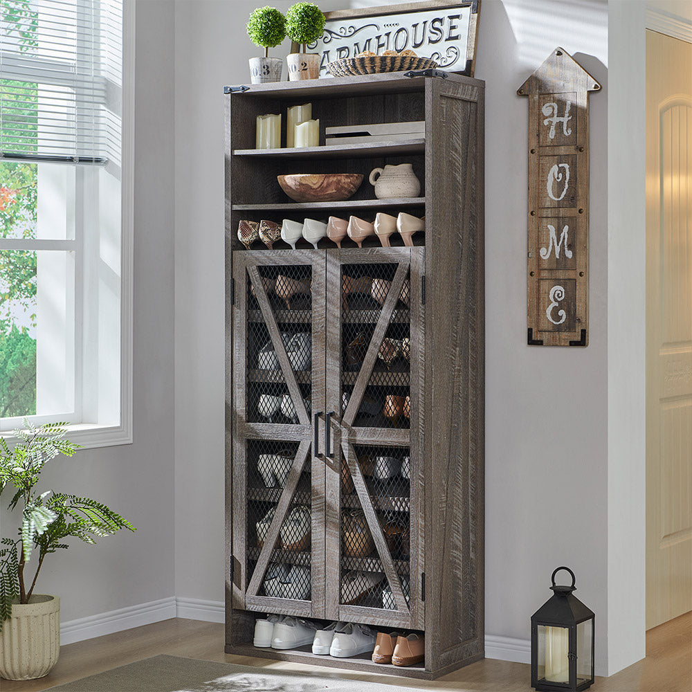 JXQTLINGMU Farmhouse Shoe Cabinet, 72 inch Tall Shoe Cabinet with Mesh Doors