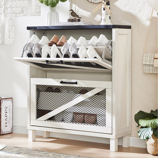JXQTLINGMU Shoe Cabinet with 2 Flip Drawers, Farmhouse Shoe Storage Cabinet with Mesh Doors and Adjustable Shelves
