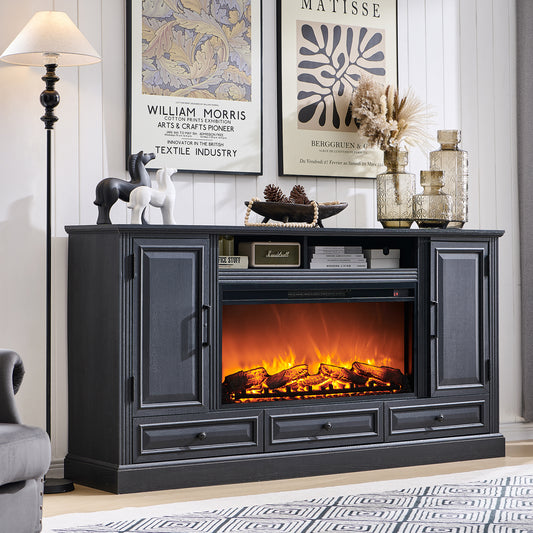 T4TREAM Farmhouse 70" Fireplace TV Stand for TVs up to 80", Entertainment Center W/36" Electric Fireplace Highboy Media Console with Large Storage Cabinets and Drawers for Living Room