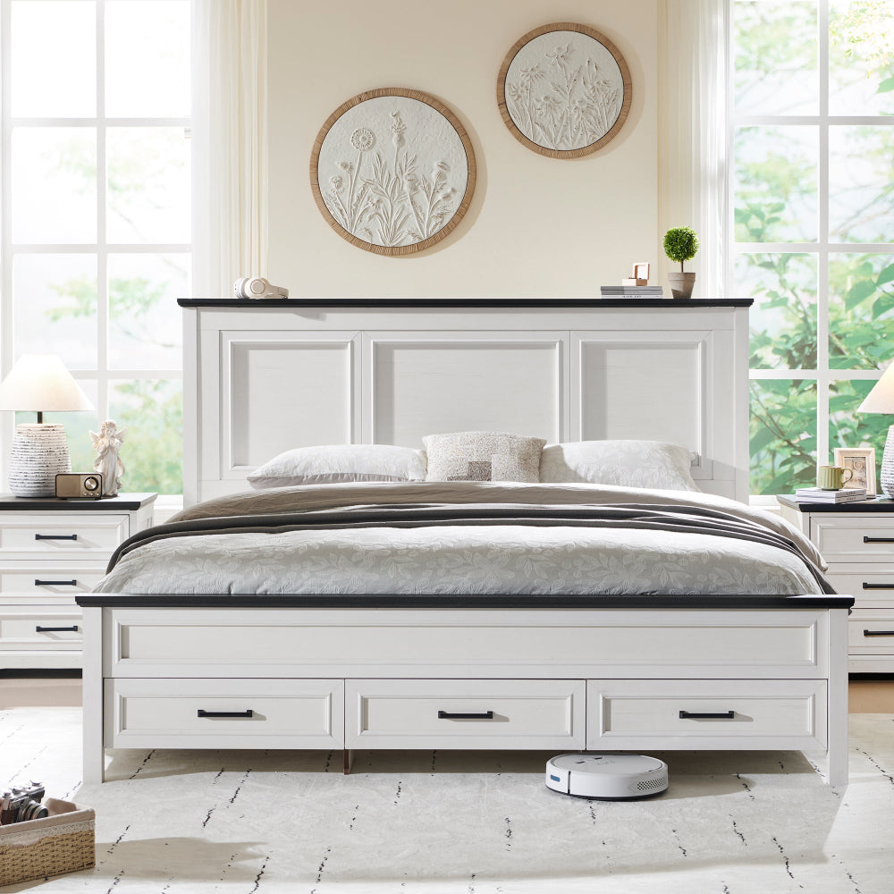 ACCOHOHO Rustic King Size Bed Frame with 52" Tall Full-Panel Headboard, Wood Platform Bedframe with Footboard and Storage Drawers, No Squeak, No Box Spring Needed