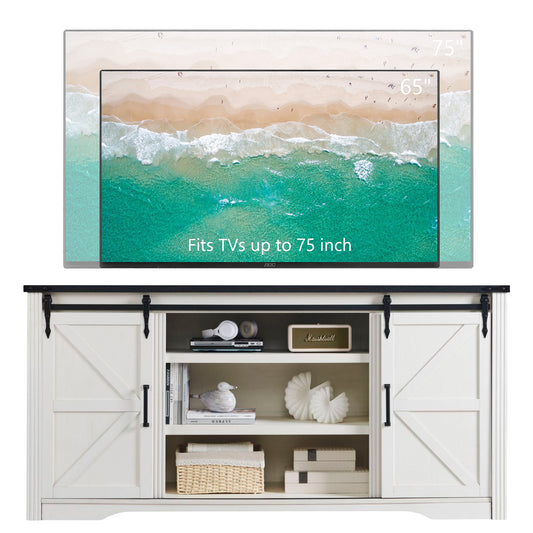 Farmhouse TV Stand with 4 Drawer for TVs up to 75", Farmhouse Entertainment Center with Adjustable Shelves & Barn Door