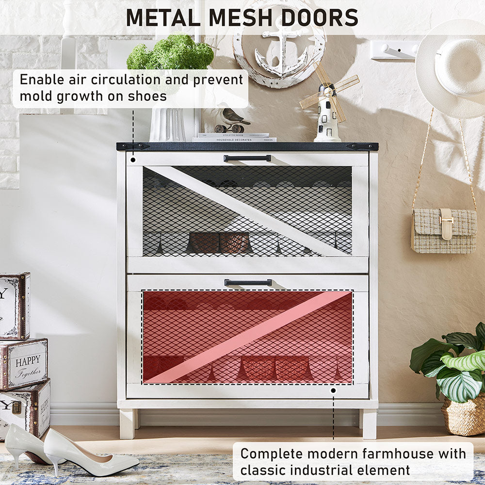 JXQTLINGMU Shoe Cabinet with 2 Flip Drawers, Farmhouse Shoe Storage Cabinet with Mesh Doors and Adjustable Shelves