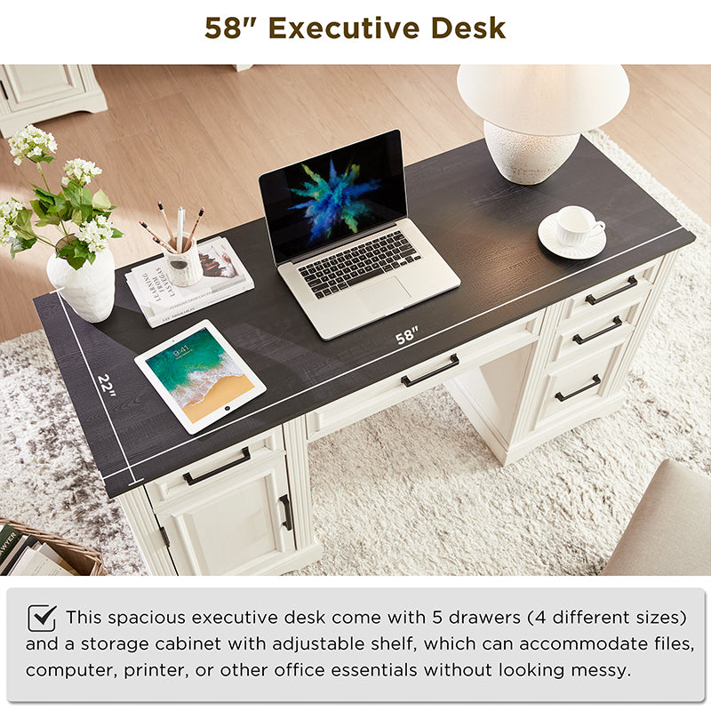 JXQTLINGMU 58 inch Executive Desk, Farmhouse Computer Desk with Drawers