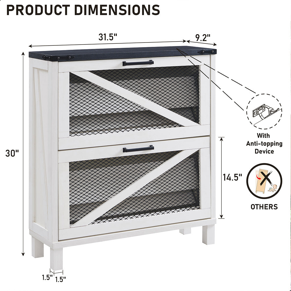 JXQTLINGMU Shoe Cabinet with 2 Flip Drawers, Farmhouse Shoe Storage Cabinet with Mesh Doors and Adjustable Shelves