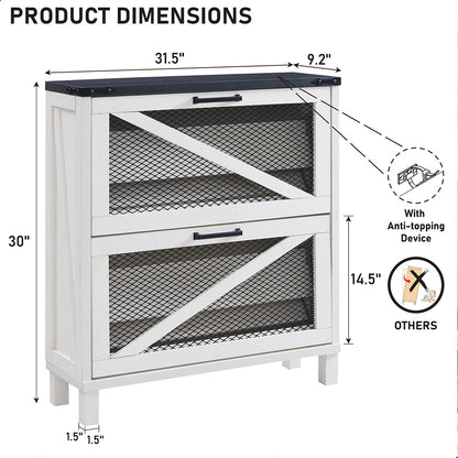 JXQTLINGMU Shoe Cabinet with 2 Flip Drawers, Farmhouse Shoe Storage Cabinet with Mesh Doors and Adjustable Shelves
